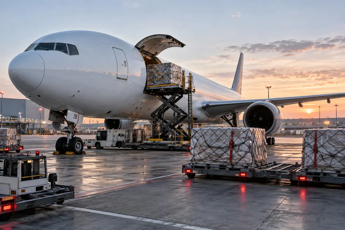 Air cargo pallets being loaded into an aircraft