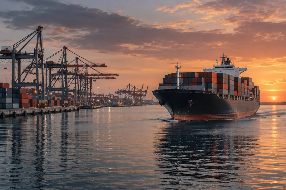 Container ship and port cranes at sunset